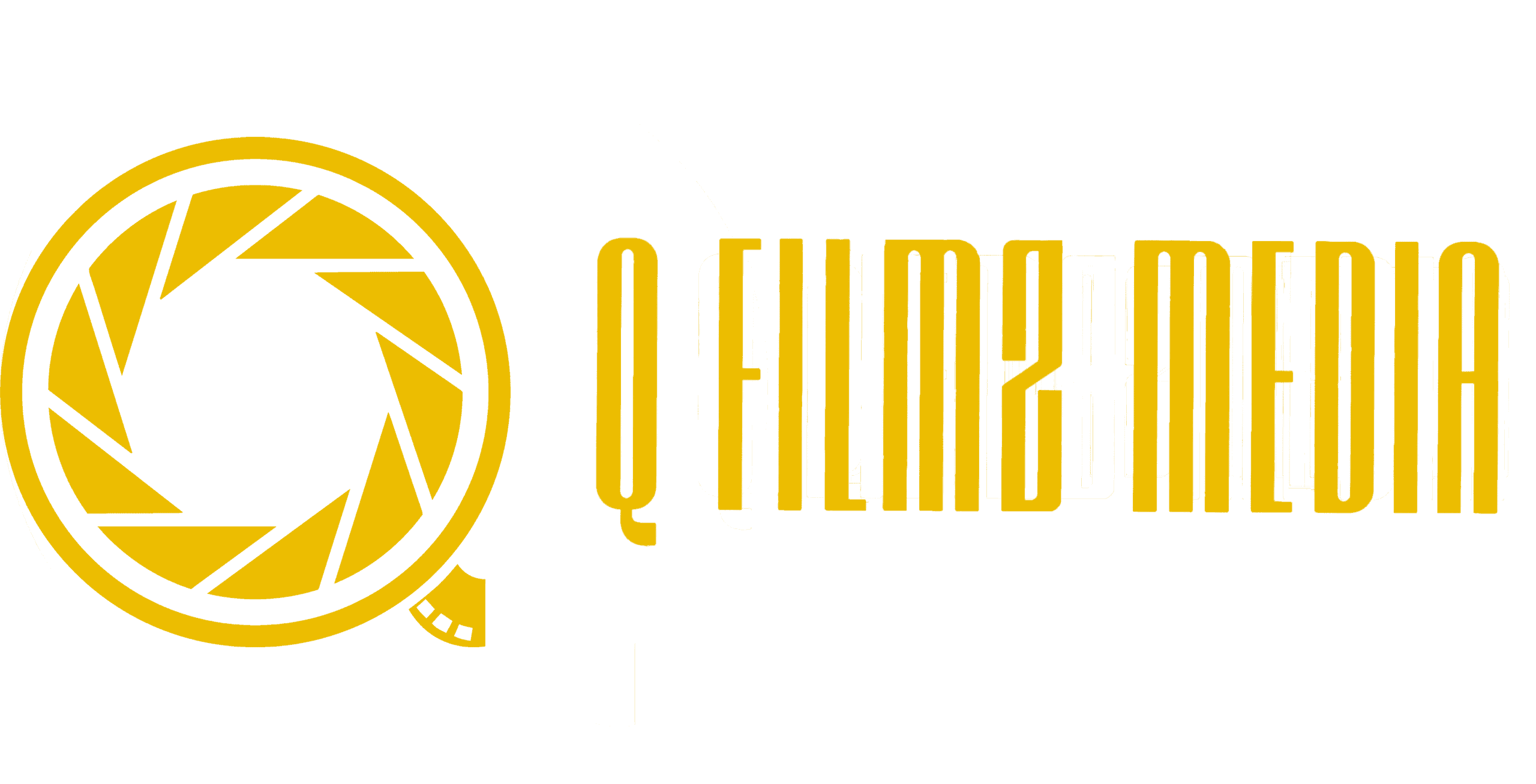 High-quality photography logo design featuring a camera lens icon and "Q Filmz Media" text in bold yellow font for branding and digital media presence.