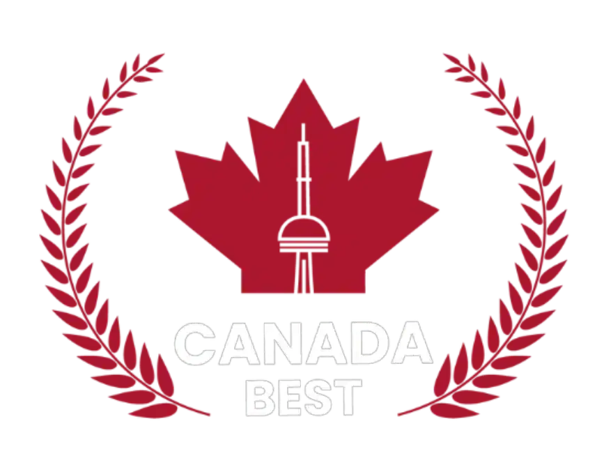 Vibrant red maple leaf emblem with "CANADA BEST" text, surrounded by laurel branches, symbolizing excellence and patriotism in Canada. Perfect for national pride, awards, and recognition themes.