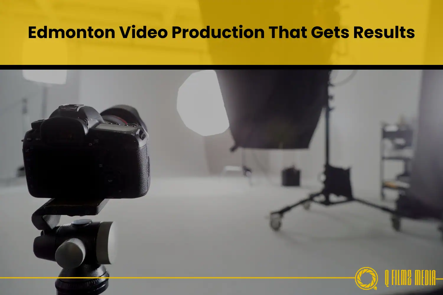 High-quality DSLR camera on tripod in professional video production studio setting for filmmaking and media creation.