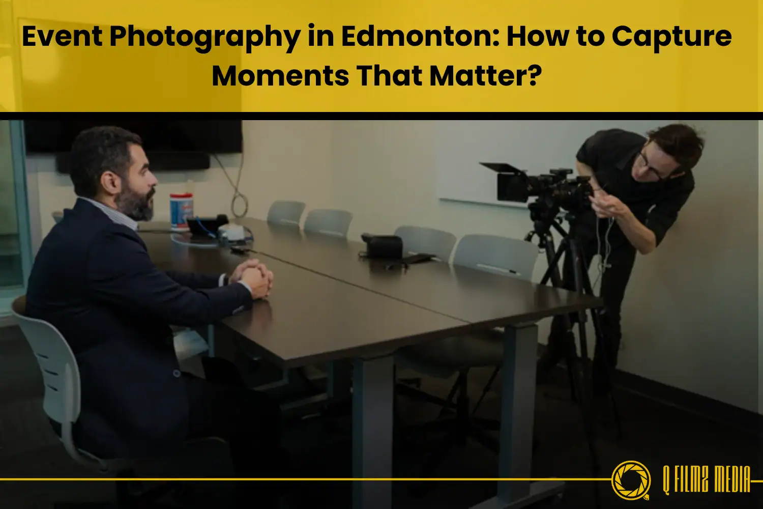 Studio photography captures a man in business attire during an interview or media recording session. A camerawoman is adjusting the camera to film him, emphasizing event photography, media production, and professional interviews.