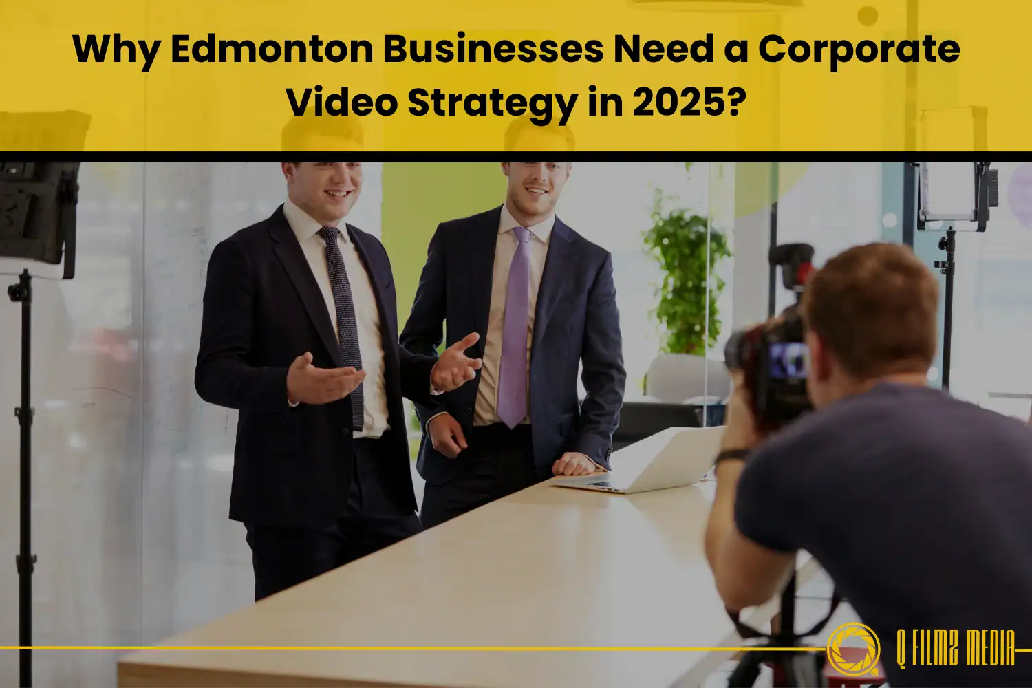 Professional business team recording corporate video in modern office, emphasizing corporate video strategy, content creation, and media production for business branding.