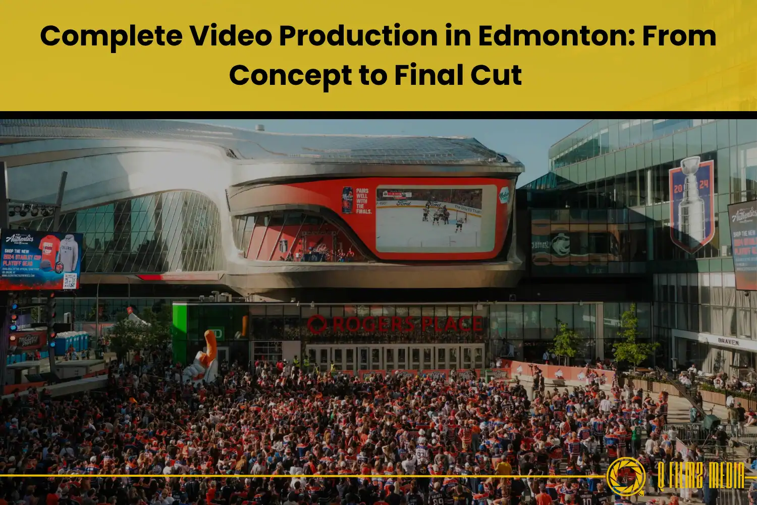 Rogers Place arena exterior filled with large crowd during hockey game, digital screens showing live action, modern architecture with glass facade, highlighting event production and sports entertainment.