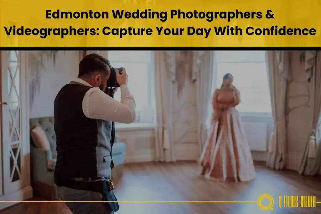 Elegant wedding photographer capturing a bride in a luxurious room with ornate curtains and classic decor in Edmonton. Professional wedding videography, photography, and videographers from Q Filmz Media.