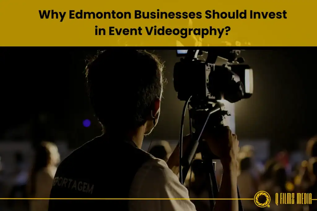 Cameraman filming at an event, capturing professional videography for promotional content, emphasizing event videography services offered by Q Filmz Media in Edmonton.