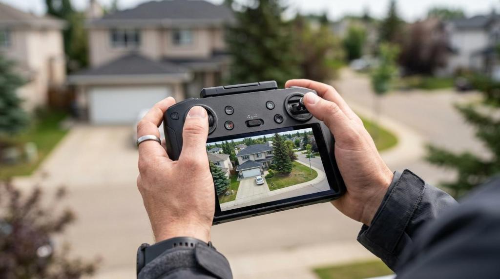 Person capturing aerial footage of a suburban neighborhood with a drone camera for real estate marketing.
