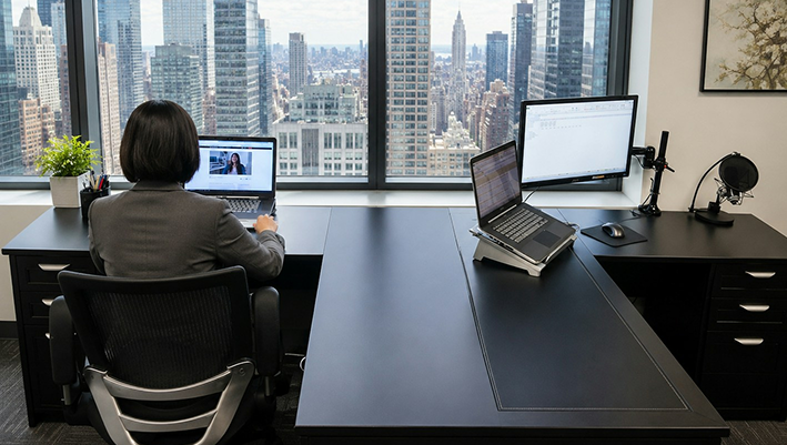 Professional woman working on multiple monitors in a high-rise office with a cityscape view, emphasizing corporate video production and business environment.