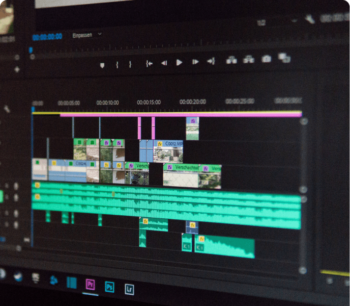 Screenshot of video editing software with multiple tracks, clips, and timeline for media production.