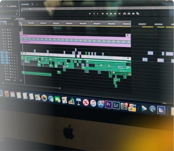 Screenshot of a video editing timeline on a computer screen with multiple tracks and clips.