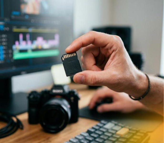 Close-up of a person holding a memory card in front of a computer monitor displaying video editing software, with a camera and keyboard on the desk.
