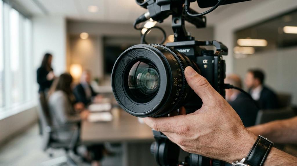 Close-up of a professional video camera being operated during a business meeting or interview.