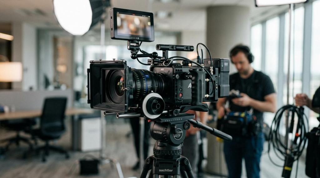 High-quality professional video camera setup on a tripod in a modern studio environment with crew preparing for filming.