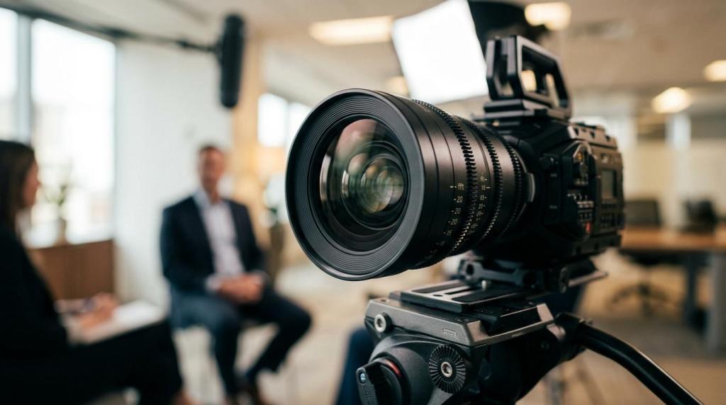 High-quality professional video camera set up for corporate filming in a modern studio environment.