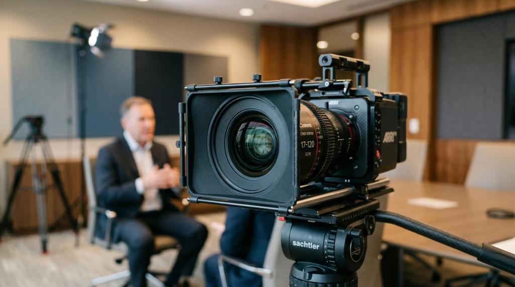 High-quality professional video camera set up in a conference room for corporate filming or interviews.