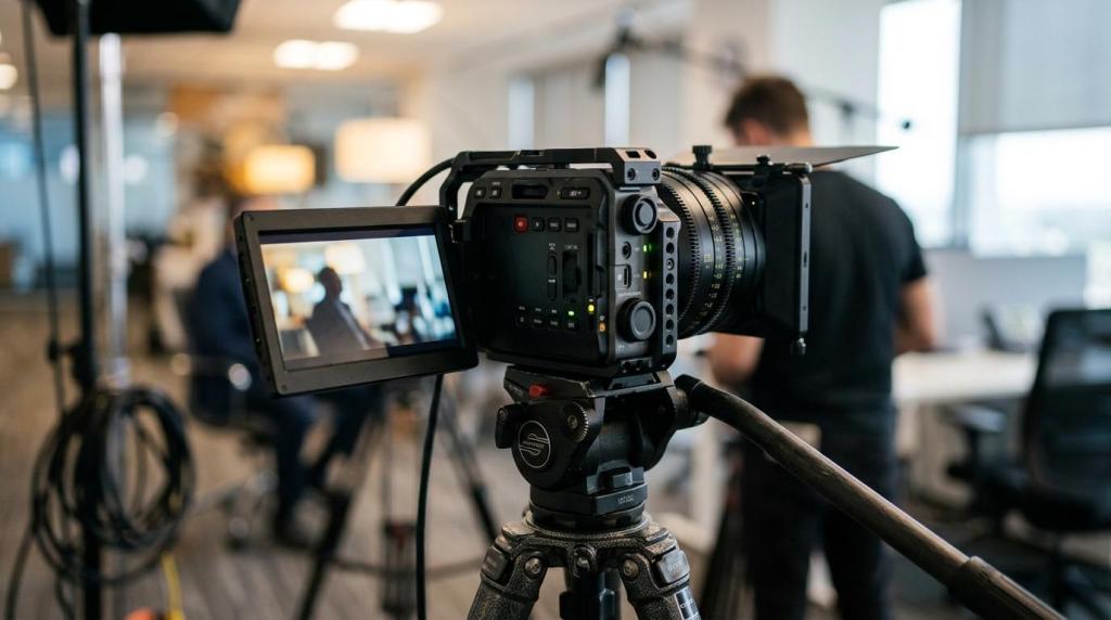 High-quality professional video camera on tripod in a modern studio environment for corporate video production.
