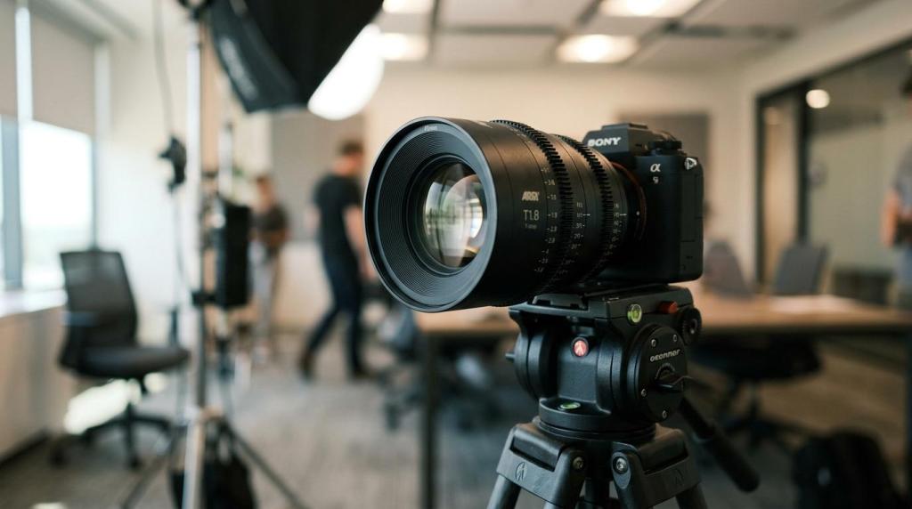 High-quality professional camera set up for corporate video production in a modern studio environment.