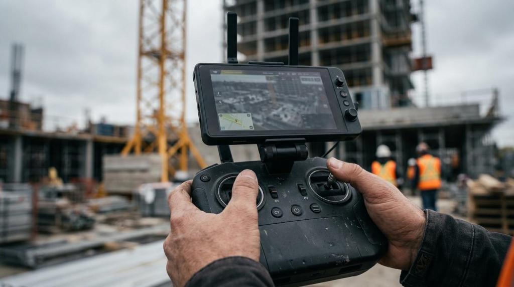 Person operating a drone controller at a construction site with cranes and workers in the background, capturing footage for project documentation.