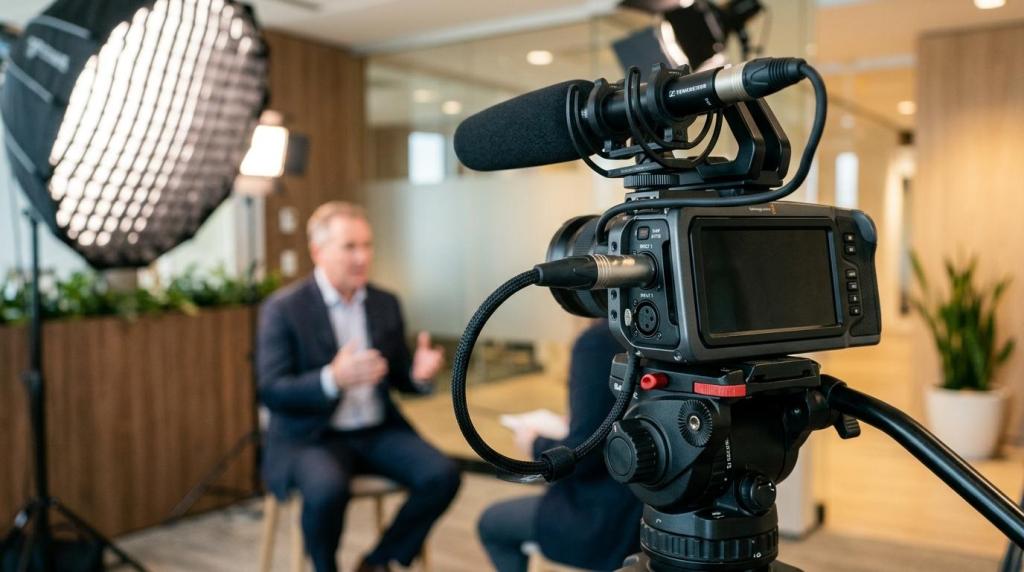 A professional video camera records a business interview in a modern office setting, with a lighting setup and a seated interviewee in the background.
