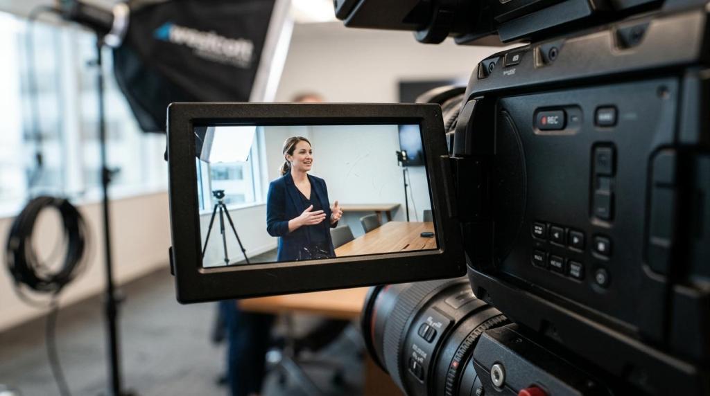 A woman is being recorded on a professional video camera for corporate training or communication in Edmonton.