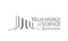 TELUS World of Science Edmonton logo featuring a stylized atom and the institution's name for branding and informational purposes.