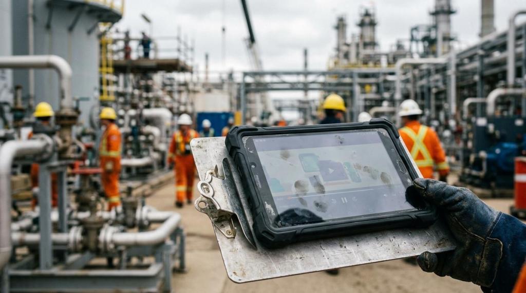 Industrial workers in safety gear using a rugged tablet to monitor field operations at an industrial plant.
