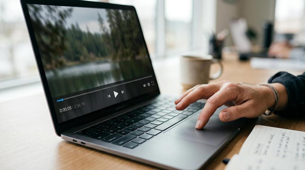 Close-up of a person using a laptop to watch a nature video, with a scenic forest and lake on the screen, in a bright workspace setting.