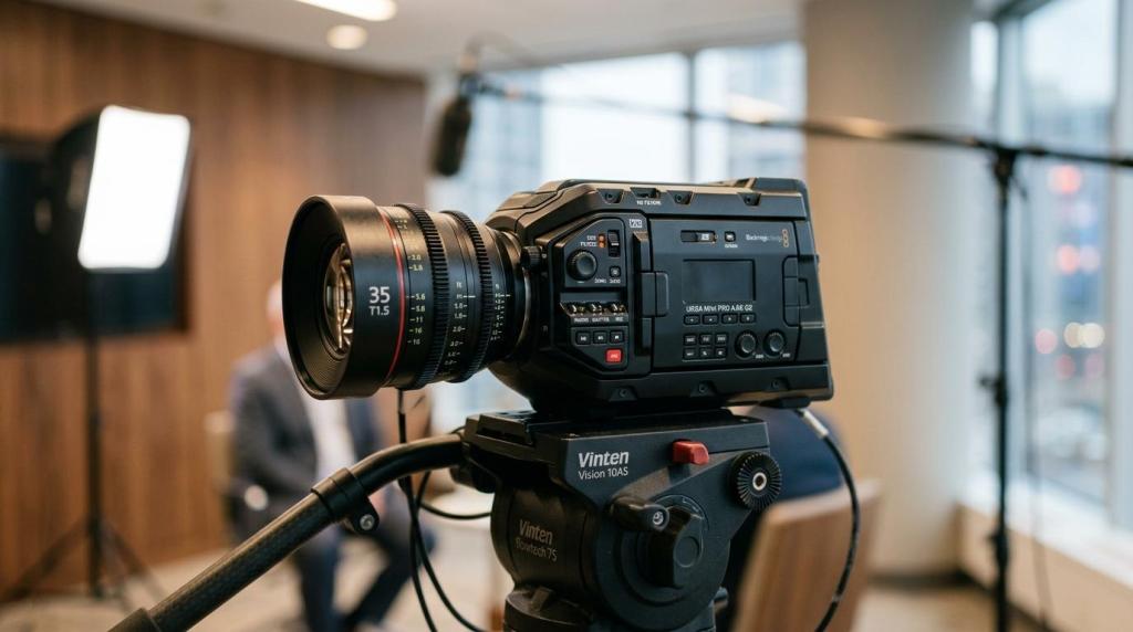 High-quality professional video camera on tripod in a modern studio with large windows and natural light.
