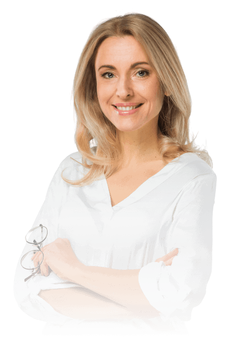 Confident woman with blonde hair smiling, wearing a white shirt, holding glasses, representing professional media content for Video v2.