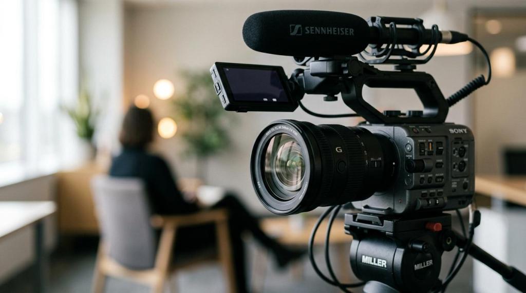 High-quality professional video camera with microphone in a modern studio environment, ready for filming social media content.