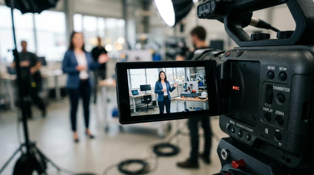 A woman presenter is being recorded on a professional camera in a modern studio setting for training video content.