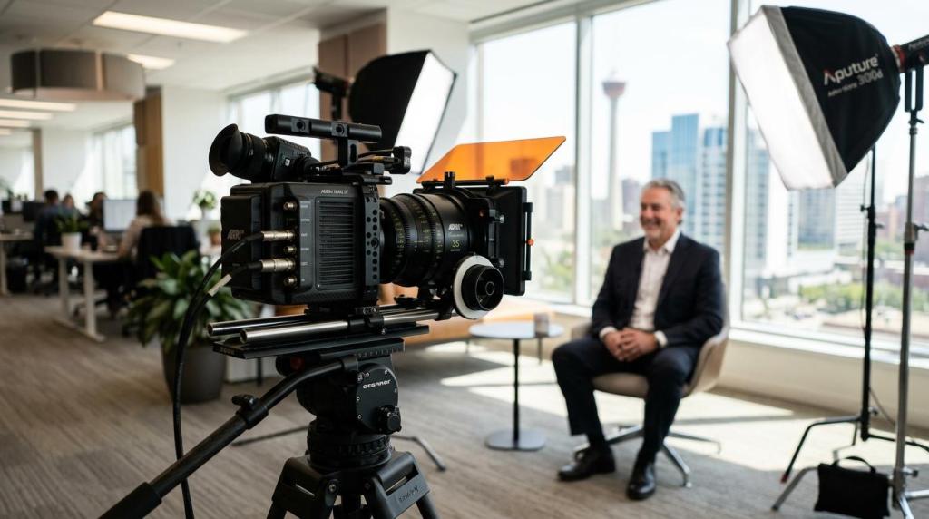 High-quality video camera on tripod capturing a man in a modern office with large windows and cityscape background, ideal for corporate video content.